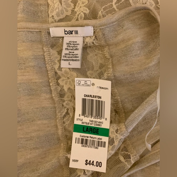 Bar III Women’s Gold Sheer Striped Cap Sleeve Hi-Low Top w/Lace l Large l NWT - Picture 6 of 6